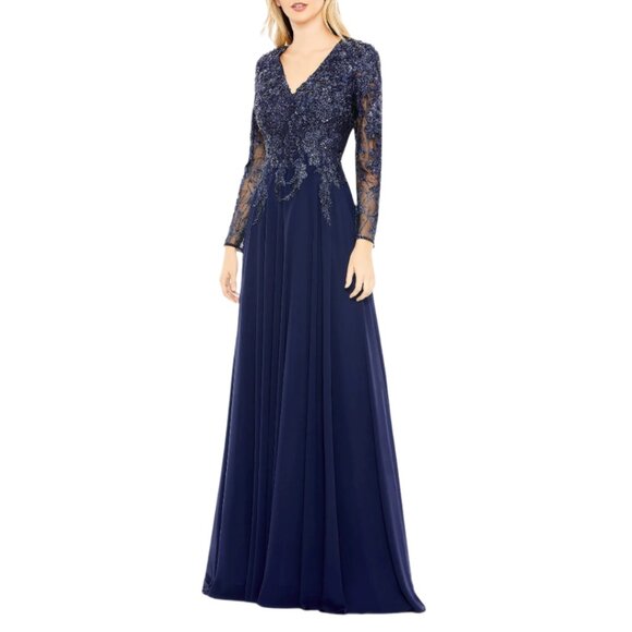 Mac Duggal 20388 Size 10 Navy Blue Embellished VNeck Long Sleeve Gown Maxi Dress - Picture 2 of 4